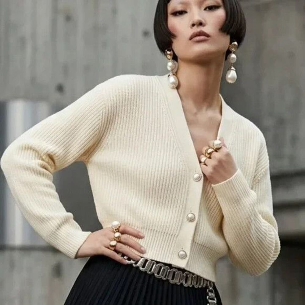 NEW, Cinq A Sept Palmer Pearl/Gold  Button V- Neck Cardigan Sz Medium